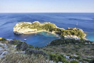 View of Anthony Quinn Bay beach and bay from above Mediterranean seaside island of Rhodes, Greece