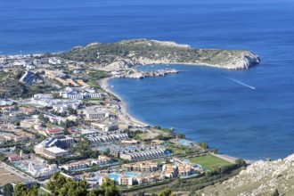 View of the holiday resort of Kolymbia with beach from above Mediterranean seaside island of