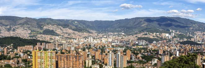 Medellin skyline view of skyscrapers from Calasanz with downtown panorama in Medellín, Colombia