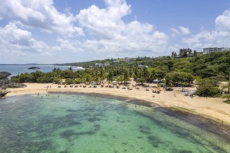 Mar Chiquita Beach in the Caribbean Ocean vacation Aerial view from above in Manati, Puerto Rico