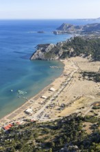 View of Tsambika beach from above Mediterranean seaside island of Rhodes, Greece
