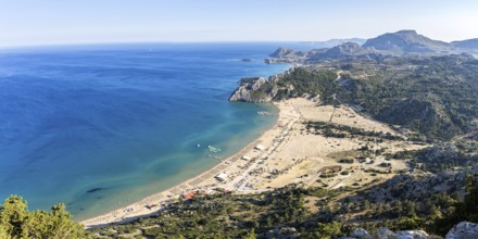 View of Tsambika beach from above Mediterranean seaside holidays Panorama Rhodes island, Greece