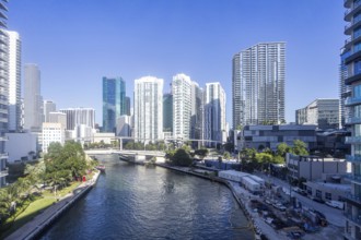 Miami skyline in downtown and Brickell with high-rise real estate on Miami River Florida in Miami,