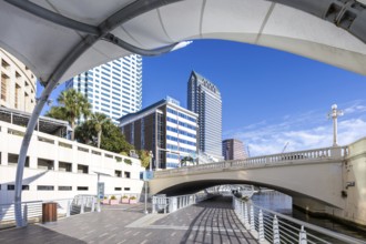 Tampa Riverwalk Promenade on the Hillsborough River Skyline with skyscrapers downtown in Tampa, USA