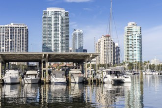 Saint Petersburg Skyline Florida Marina with boats on Tampa Bay in Downtown St Petersburg, USA