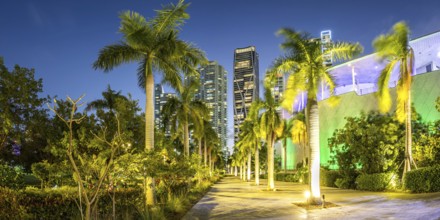 Miami skyline with high-rise real estate at night panorama at Maurice A. Ferre Park in Miami, USA