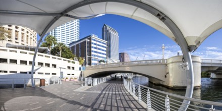 Tampa Riverwalk Promenade on the Hillsborough River Panoramic Skyline with Skyscrapers Downtown in