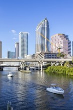 Tampa skyline with skyscrapers and bridge over Hillsborough River downtown in Tampa, USA