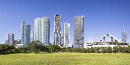 Miami skyline with skyscrapers panoramic real estate at Maurice A. Ferré Park Florida vacation in