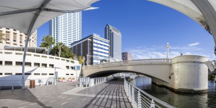 Tampa Riverwalk Promenade on the Hillsborough River Skyline Panorama with Skyscrapers Downtown in