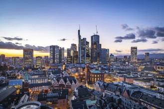 View of Frankfurt's banking district in the evening, city center and Mainhatten's skyscrapers are