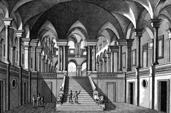 West wing of the university in Venice, Italy, interior, staircase, portico, double columns, vault,