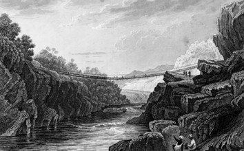 Rope bridge in Hindustan, India, rocky landscape, river, current, crossing, bridge of ropes, shaky,