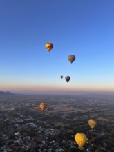 Panoramic aerial view of Mexico Teotihuacan pyramids. Hot air balloons flying over the Mexican