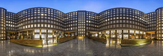 360 degree panoramic view of the Sprinkenhof courtyard at the blue hour, Hamburg, Germany