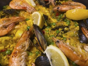 Close-up view, seafood paella, with rice, mussels, lemon slices, shrimp, food, Stuttgart,