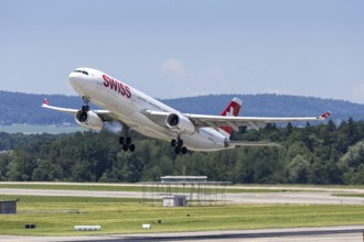 A Swiss Airbus A330-300 aircraft with the HB-JHB license plate at Zurich Airport, Switzerland