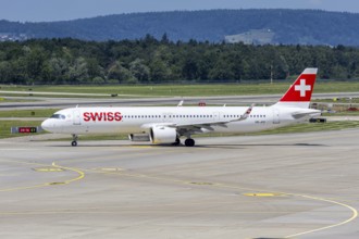 A Swiss Airbus A321neo aircraft with the HB-JPC license plate at Zurich Airport, Switzerland