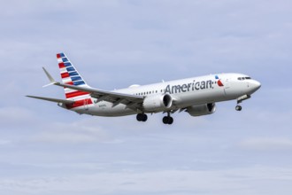 An American Airlines Boeing 737-8 MAX aircraft with license plate N309UL at Miami airport, USA