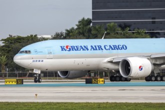 A Korean Air Cargo Boeing 777-F aircraft with license plate HL8077 at Miami airport, USA