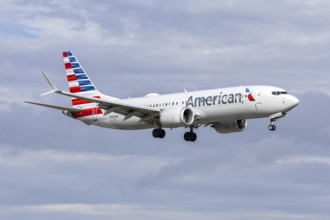 An American Airlines Boeing 737-8 MAX aircraft with license plate N308UK at Miami airport, USA