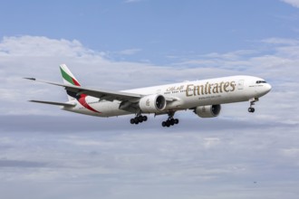 An Emirates Boeing 777-300ER aircraft with the license plate A6-EQD at Miami airport, USA
