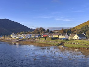 Small coastal village with views of the sea and surrounding mountains, Dornie, Eilean Donan Castle,