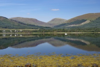 A calm body of water reflects the surrounding mountains and clear skies, Highlands, Fort William,