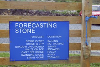 Wooden sign with blue board for humorous weather forecasting by predicting the state of the stone,