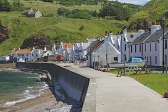 Small coastal town with white houses and sea views, Local Hero, Pennan, Aberdeenshire, Scotland,