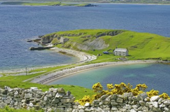 Tranquility by the sea with green landscape, stone house and gentle waves, Tongue, Highlands, West