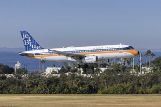 An Airbus A320 JetBlue Airways aircraft with the license plate N763JB and the What's Old is Blue