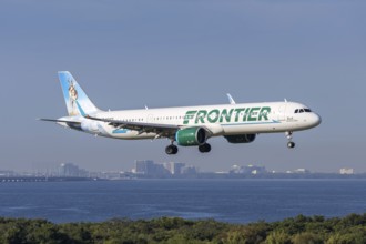 An Airbus A321neo Frontier Airlines aircraft with license plate N655FR at Tampa airport, USA