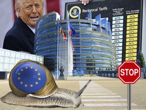 Symbolic image, Trump with world tariff table, snail Europe and EU crawling, EU Parliament,