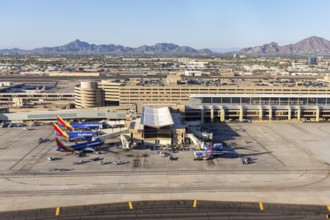 Aerial view of Southwest Airlines Boeing 737 aircraft at Phoenix airport, United States