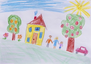 Naive illustration, happy family in the garden with car in front of the house