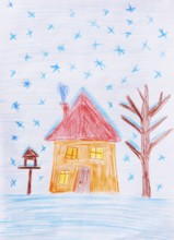 Naive illustration, winter, snowfall with snowy house