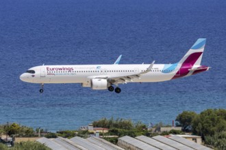 A Eurowings Airbus A321neo aircraft with the D-AEEE license plate at Rhodes airport, Greece