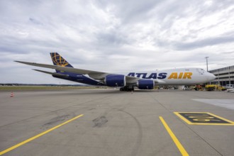 An Atlas Air Boeing 747-8F aircraft with the license plate N860GT at the airport in Stuttgart,