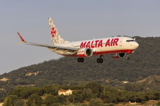 A Malta Air Boeing 737-800 aircraft with the license plate 9H-VUE at Rhodes airport, Greece