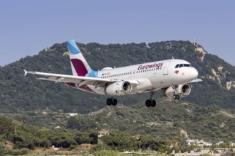 A Eurowings Europe Airbus A319 aircraft with the license plate 9H-EXZ at Rhodes airport, Greece