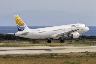 A Trade Air Airbus A320 aircraft with the license plate 9A-BTK at Rhodes airport, Greece