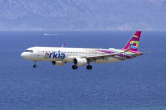 An Arkia Israeli Airlines Airbus A321LR aircraft with the 4X-AGH license plate at Rhodes airport,