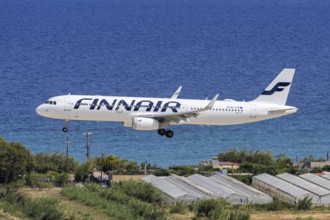 A Finnair Airbus A321 aircraft with the OH-LZK license plate at Rhodes airport, Greece