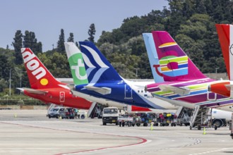 Airplanes tail units at Rhodes airport, Greece