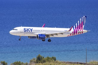 An Airbus A320neo Sky Express aircraft with the license plate SX-GNA at Rhodes airport, Greece