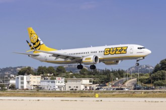 A Buzz Boeing 737-800 aircraft with the license plate SP-RZF at Rhodes airport, Greece