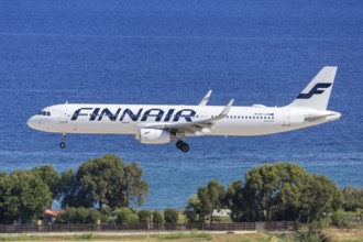 A Finnair Airbus A321 aircraft with the OH-LZN license plate at Rhodes airport, Greece