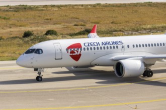 An Airbus A220-300 aircraft operated by CSA Czech Airlines with the license plate OK-EYB at Rhodes