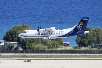An Olympic Air ATR 42-600 aircraft with the license plate SX-OAY at Rhodes airport, Greece